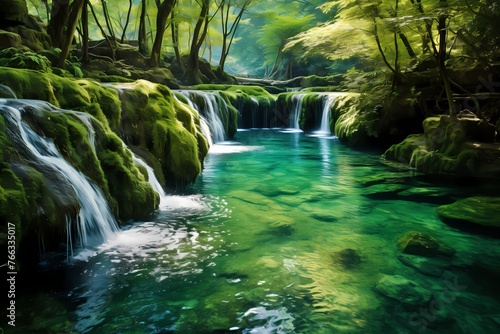 Crystal-clear water cascading down emerald slopes with vibrant greenery below