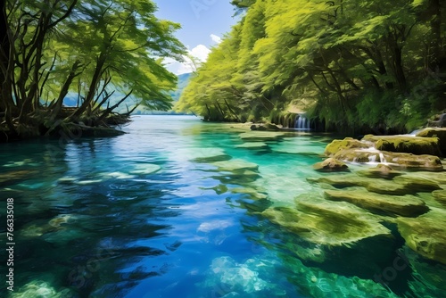 Crystal-clear water cascading down emerald slopes with vibrant greenery below