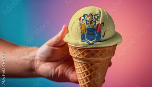 On a colorful background, a hand with ice cream in the form of the flag of New Jersey