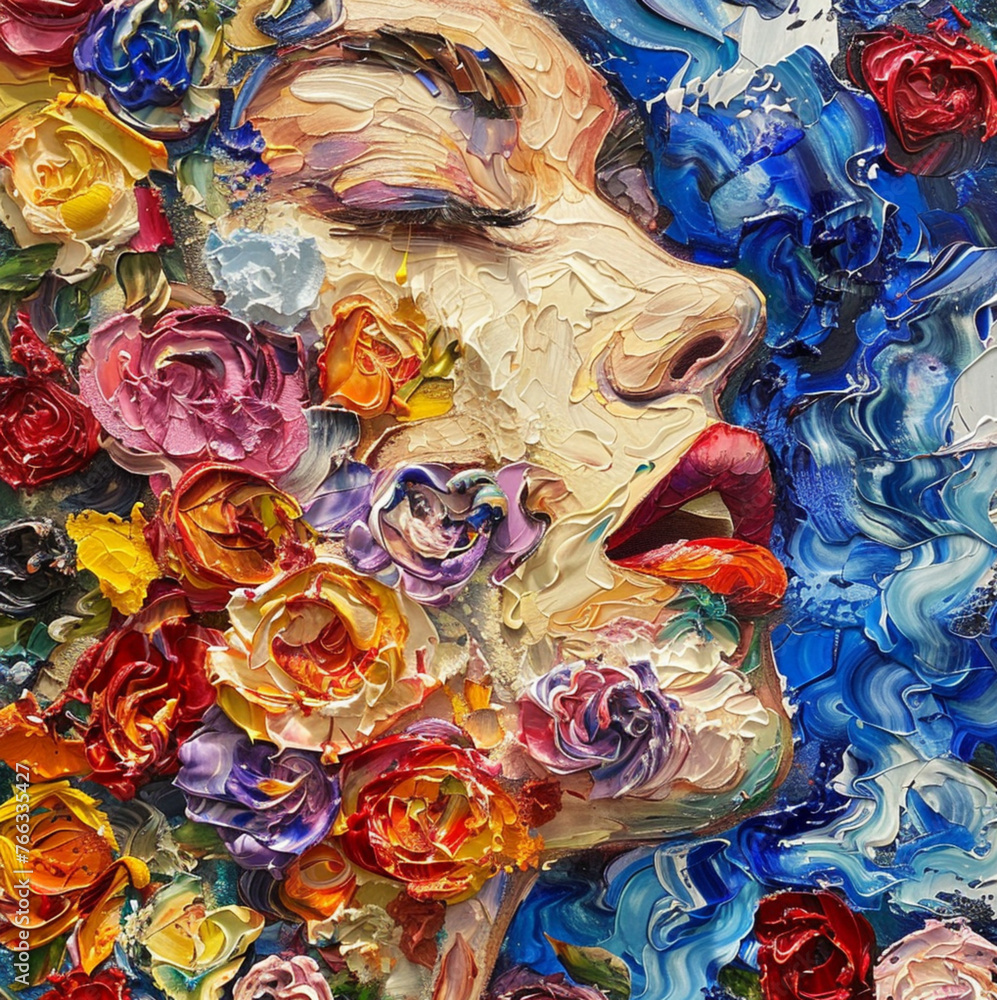 Fototapeta premium a woman and a profusion of roses and clouds just her nose and mouth showing, Cobalt, violets, golds and reds