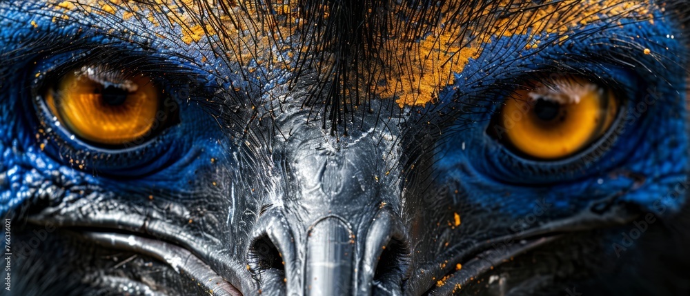 A bird's close-up face with blue and yellow feathers and a blue-yellow beak A bird's close-up face with blue and yellow feathers and a blue-yellow beak