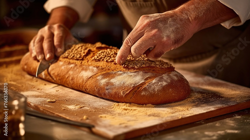 Baker adding ginger to artisan bread dough