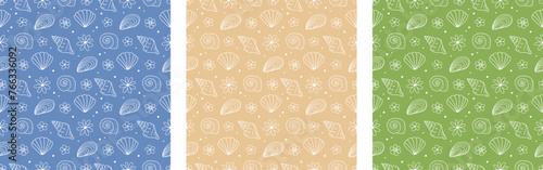 Seamless pattern outline sea shells with flowers line art background
