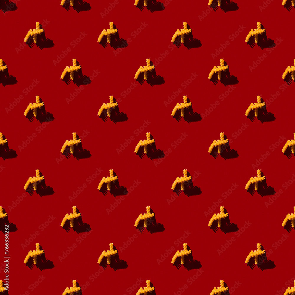 Raw pasta macaroni seamless pattern background. Vibrant and contrast red backgrorund. Hard light, contrast shadows, 80s or 90s retro style.