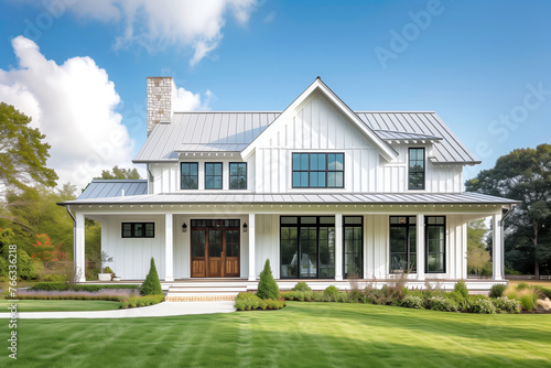 A white modern farmhouse with a grey metal roof, black window frames, a covered porch, and landscaping. photo