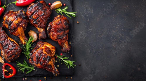 Grilled barbecue chicken legs with fresh herbs and spices on a slate board, top view, concept for a summer BBQ or family dinner