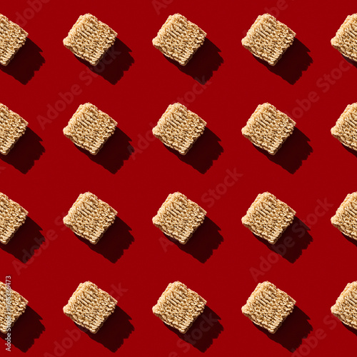 Chinese instant ramen noodles on red background seamless pattern. Retro style 80-90s food photography