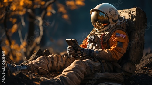 Astronaut sitting on the ground and using a mobile phone. © nahij