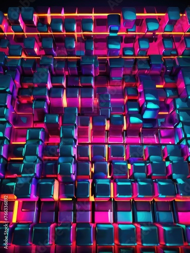 Abstract 3D Geometric Shapes Cube Blocks Glowing neon cubes. Abstract background