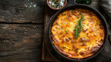 Golden-browned cheese casserole in a cast-iron skillet garnished with fresh rosemary, ideal imagery for comfort food themes and home cooking concepts