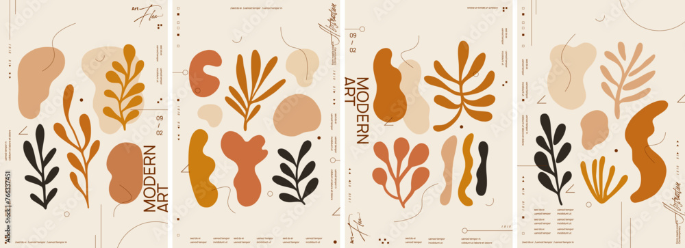 Set of four vector poster designs with abstract shapes and figures in earthy tones. Suitable for creative projects and covers, these designs combine geometric and organic forms for a modern aesthetic.