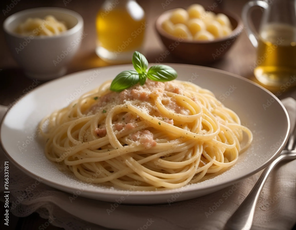 Plate of Italian spaghetti carbonara