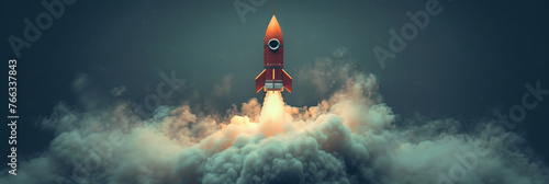 Launching Space Rocket with smoke, red rocket taking off,banner