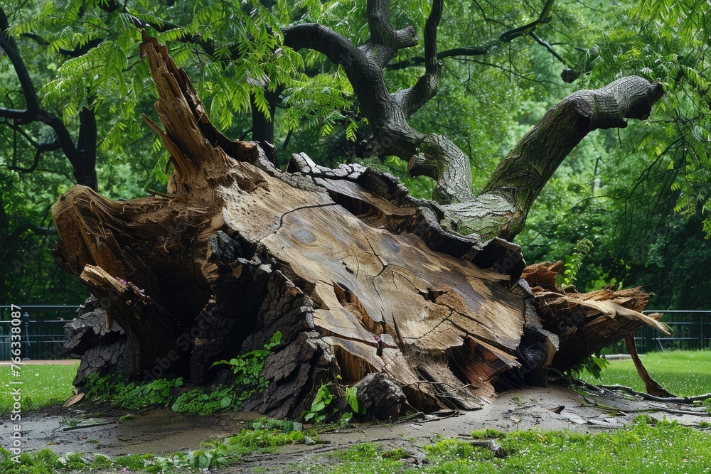 After the Storm: Broken Tree Trunk in a Park. Green Wood in the Aftermath of a Thunderstorm After the Storm: Broken Tree Trunk in a Park. Green Wood in the Aftermath of a Thunderstorm