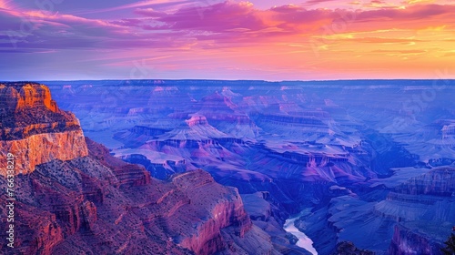 Sunset Colors Painting the Grand Canyon Landscape, Impressionist Style, An exquisite painting of the Grand Canyon as sunset casts vibrant colors across the vast and rugged landscape