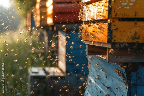 Apiculture: Bees Flying to Beehives in an Apiary for Honey Farming with Propolis. Apiculture with Apiarist in Action