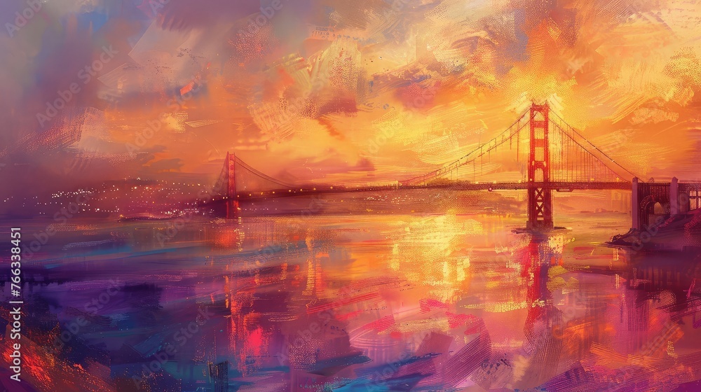 Impressionist Golden Gate Bridge in Evening Light, This impressionist-style painting captures the Golden Gate Bridge bathed in the rich, warm glow of evening light.