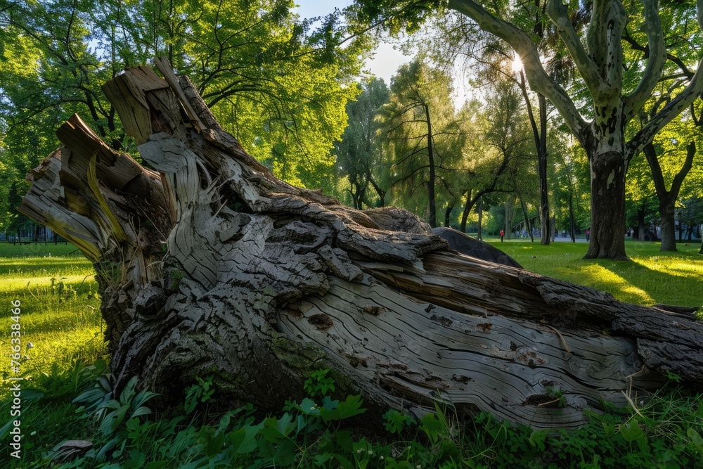 Broken Tree Trunk in Thunderstorm-Damaged Park: Aftermath of Stormy Weather with Lush Greenery Surrounding Wooden Remains Broken Tree Trunk in Thunderstorm-Damaged Park: Aftermath of Stormy Weather with Lush Greenery Surrounding Wooden Remains