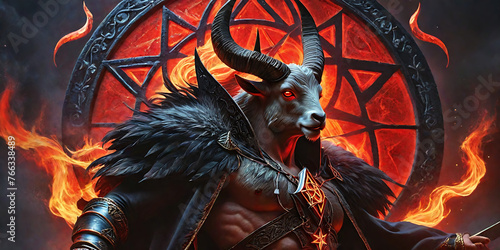 A black big horned goat back lit by a glowing fiery pentagram - black and red misty background - Esoteric black magic fantasy concept art - witchcraft and cultism - summoning the devil ritual photo