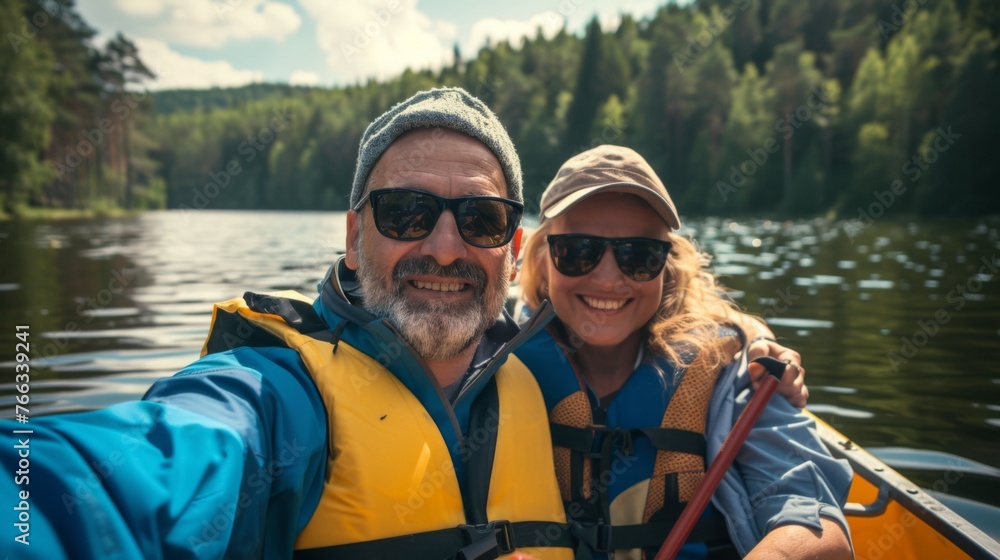 Happy couple enjoying themselves on a lake, rowing a boat Happy couple enjoying themselves on a lake, rowing a boat