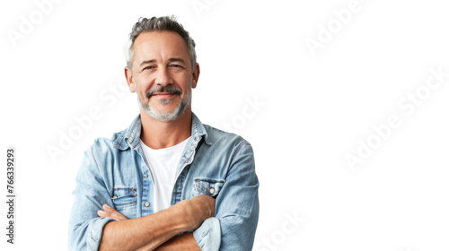 Confident man in denim shirt, smiling, arms crossed, transparent background photo