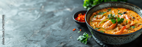 Traditional spicy Thai shrimp soup with coconut milk, lemongrass, and cilantro served in a black ceramic bowl on a dark textured background Perfect for culinary concepts and recipe websites