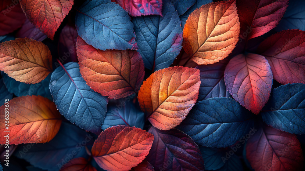 A stunning display of multicolored autumn leaves in a palette of cool blues and vibrant reds, showcasing the beauty of seasonal change - obrazy, fototapety, plakaty 