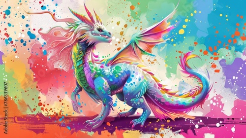  A vibrant dragon painting with a diverse backdrop and speckled brushstrokes