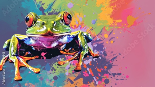  A green frog perched atop a painted sheet, with paint smudged onto its visage