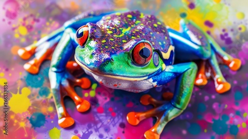  A frog, in close-up, basks on a colorful background adorned with splatters of paint