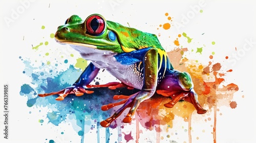  Watercolor artwork depicting a frog resting on a twig, adorned with smears of paint