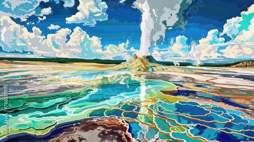Illustrated view of Yellowstone National Park's geysers and reflective pools with a backdrop of a stunning, cloud-filled sky, Colorful Geysers and Sky in Yellowstone National Park, Painted by Hokusai 