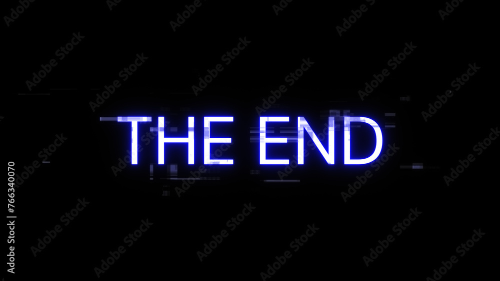 3D rendering the end text with screen effects of technological glitches