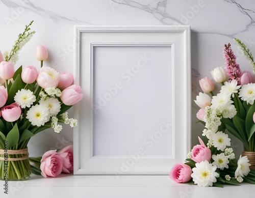 Bouquet of flowers and a white blank frame