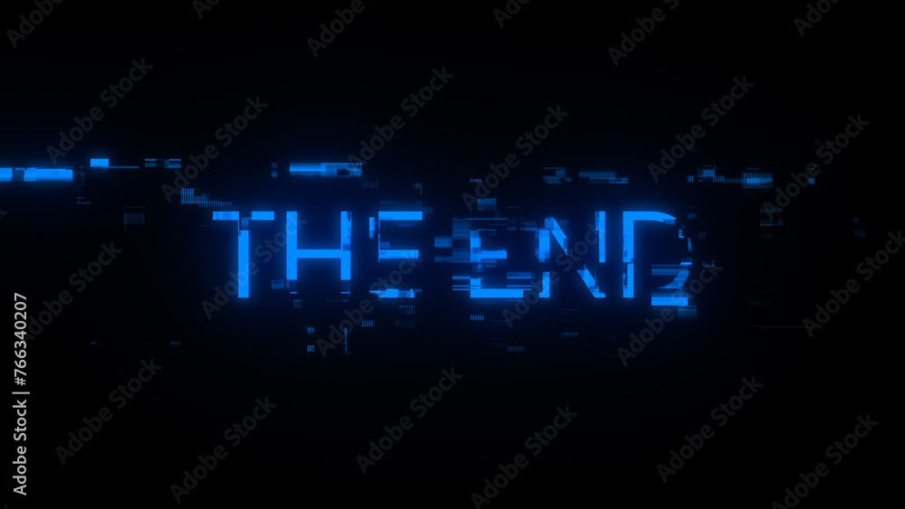 Naklejka premium 3D rendering the end text with screen effects of technological glitches