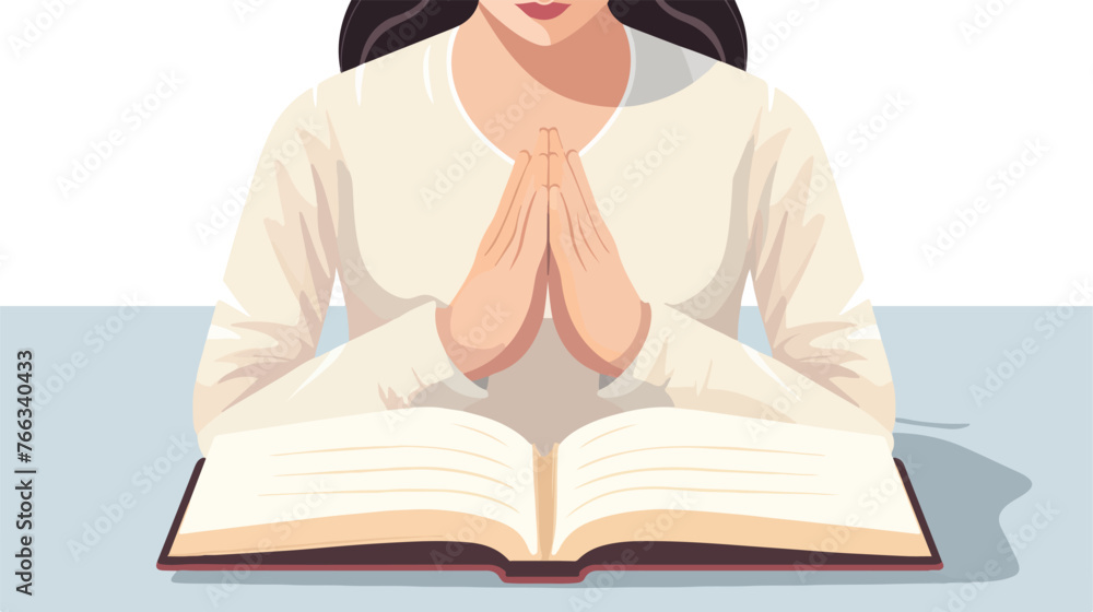Female hands clasped in prayer ove a Bible flat vecto