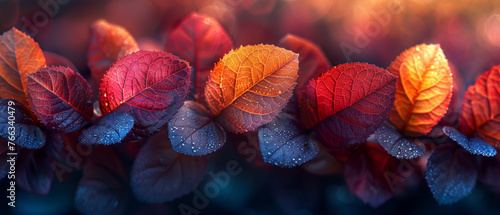 Morning dew clings to vibrantly colored leaves, their hues enhanced by the soft morning light in this autumn scene