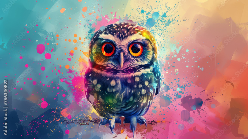 A painting depicts an owl, featuring orange eyes and splatches of paint on its face and body, against a multicolored backdrop A painting depicts an owl, featuring orange eyes and splatches of paint on its face and body, against a multicolored backdrop