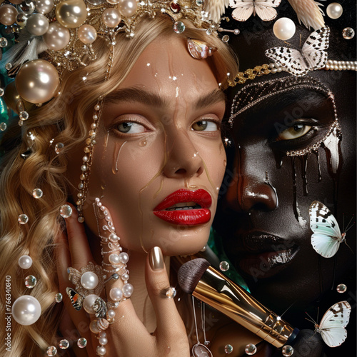 a beautiful blonde woman with red lips with a handsone black man, dripping, pearls, gold jewelry, butterflies, water, shells,makeup brushes, crystals photo