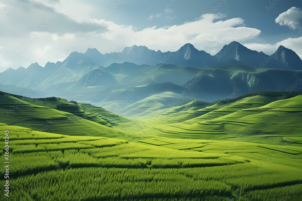 An awe-inspiring scene of boundless green fields gently leading towards a towering mountain range in the distance.