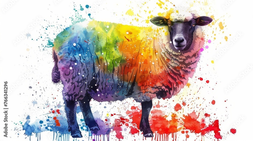  Watercolor depiction of a sheep amidst pure white, adorned with splashes of vibrant hues - obrazy, fototapety, plakaty 