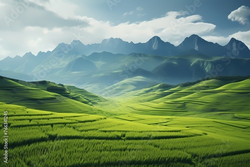 An awe-inspiring scene of boundless green fields gently leading towards a towering mountain range in the distance.