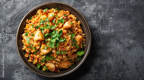 Delicious chicken and shrimp paella with fresh parsley served in a dark bowl on a textured black background, ideal for culinary themes and restaurant menus