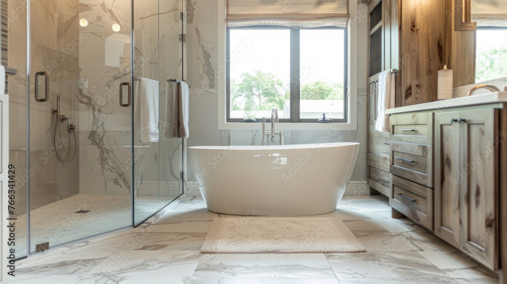A contemporary bathroom with a freestanding bathtub, a walk-in shower with glass doors, and marble tile flooring for a luxurious touch A contemporary bathroom with a freestanding bathtub, a walk-in shower with glass doors, and marble tile flooring for a luxurious touch