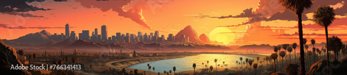 Sunset Los Angeles city, USA landscape cartoon stye photo