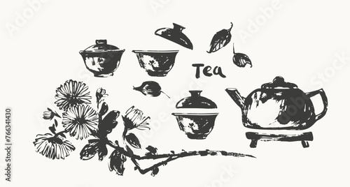 Hand drawn ink sketch of teapot, cups, chrysanthemum, leaves traditional japanese sumi-e style