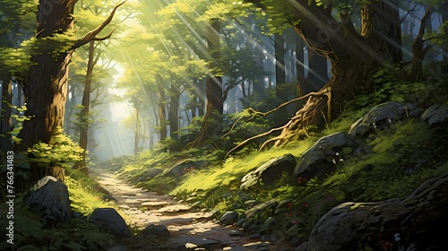 A winding forest trail surrounded by dense foliage and sunlight filtering through the branches. © Nature