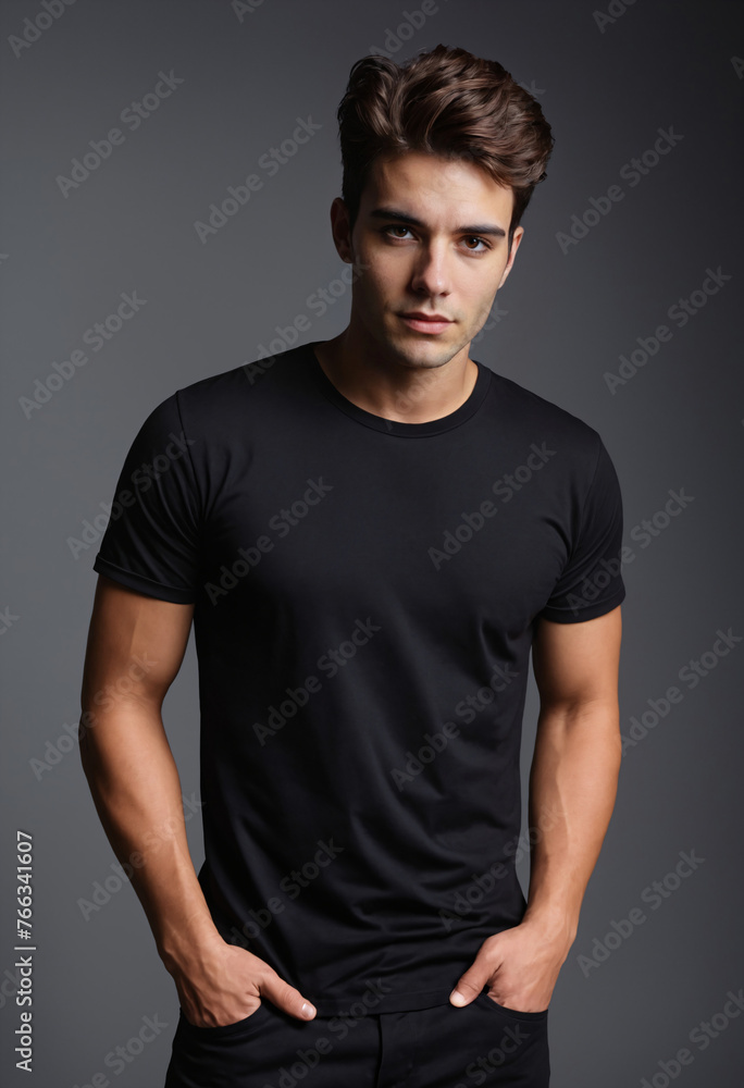 Young attractive man wearing a blank black t-shirt on a dark background as design template with copy space for logo or text. Mockup of black casual t-shirt for design print. Front view Young attractive man wearing a blank black t-shirt on a dark background as design template with copy space for logo or text. Mockup of black casual t-shirt for design print. Front view