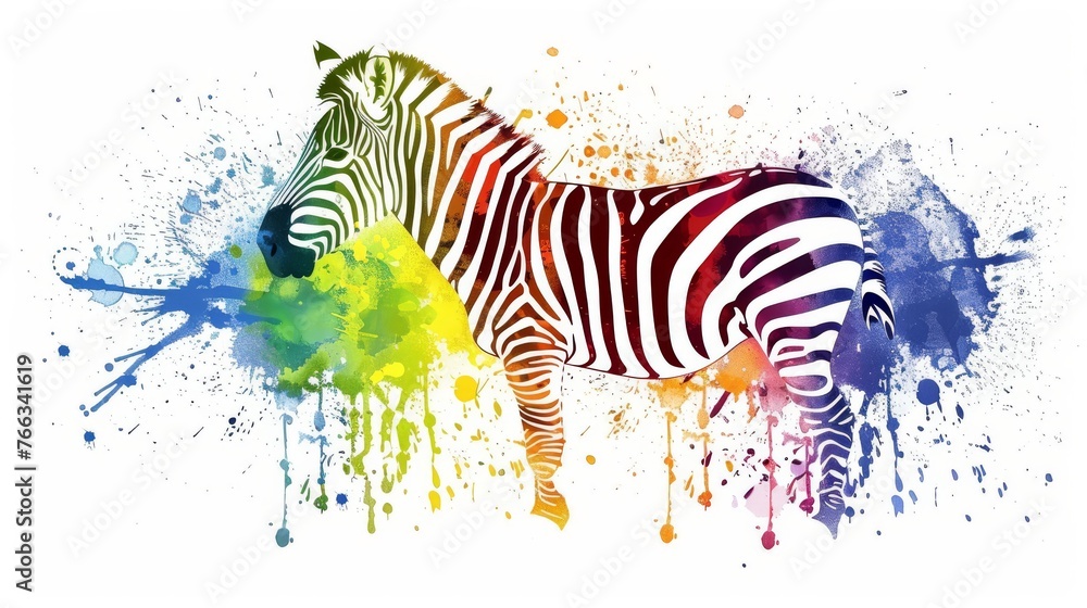 Fototapeta premium Watercolor depicts zebra on white backdrop with splashed paint