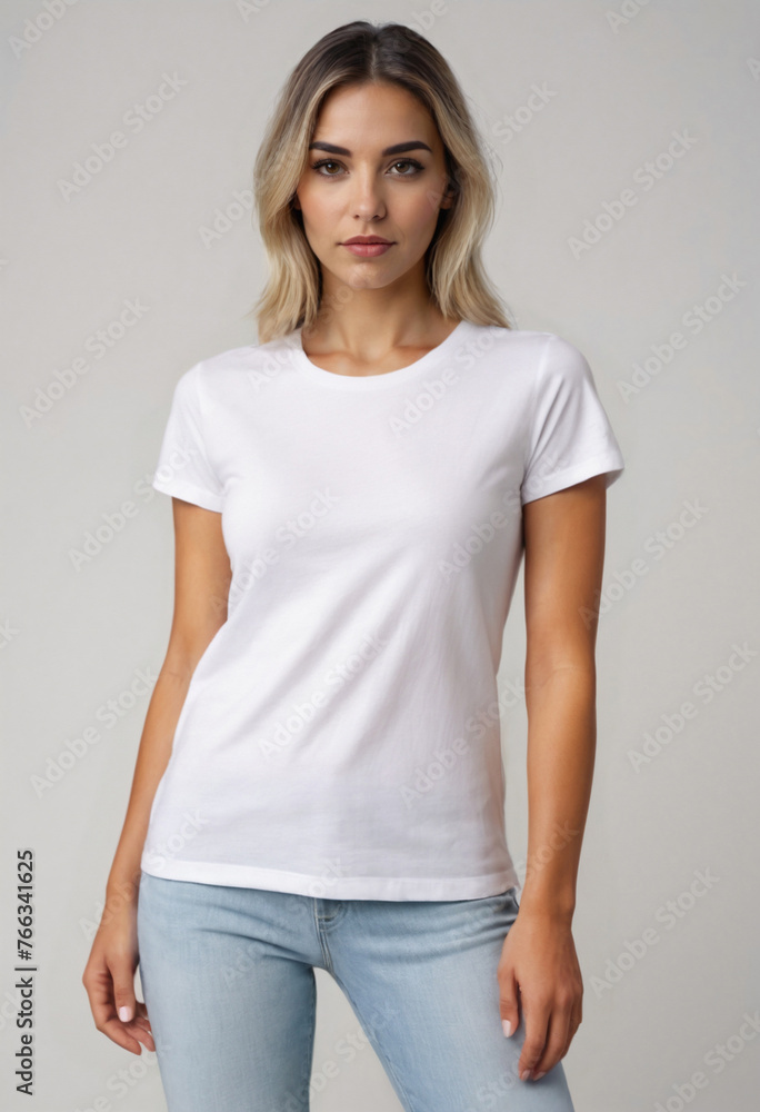 Young attractive blonde woman wearing a blank white t-shirt on a grey background as design template with copy space for logo or text. Mockup of black casual t-shirt for design print. Front view Young attractive blonde woman wearing a blank white t-shirt on a grey background as design template with copy space for logo or text. Mockup of black casual t-shirt for design print. Front view